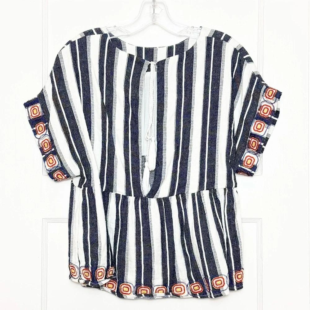 MAEVE Linen Navy Stripe Embroidered Short Sleeve Empire Waist Boho Chic Top L - Picture 5 of 8
